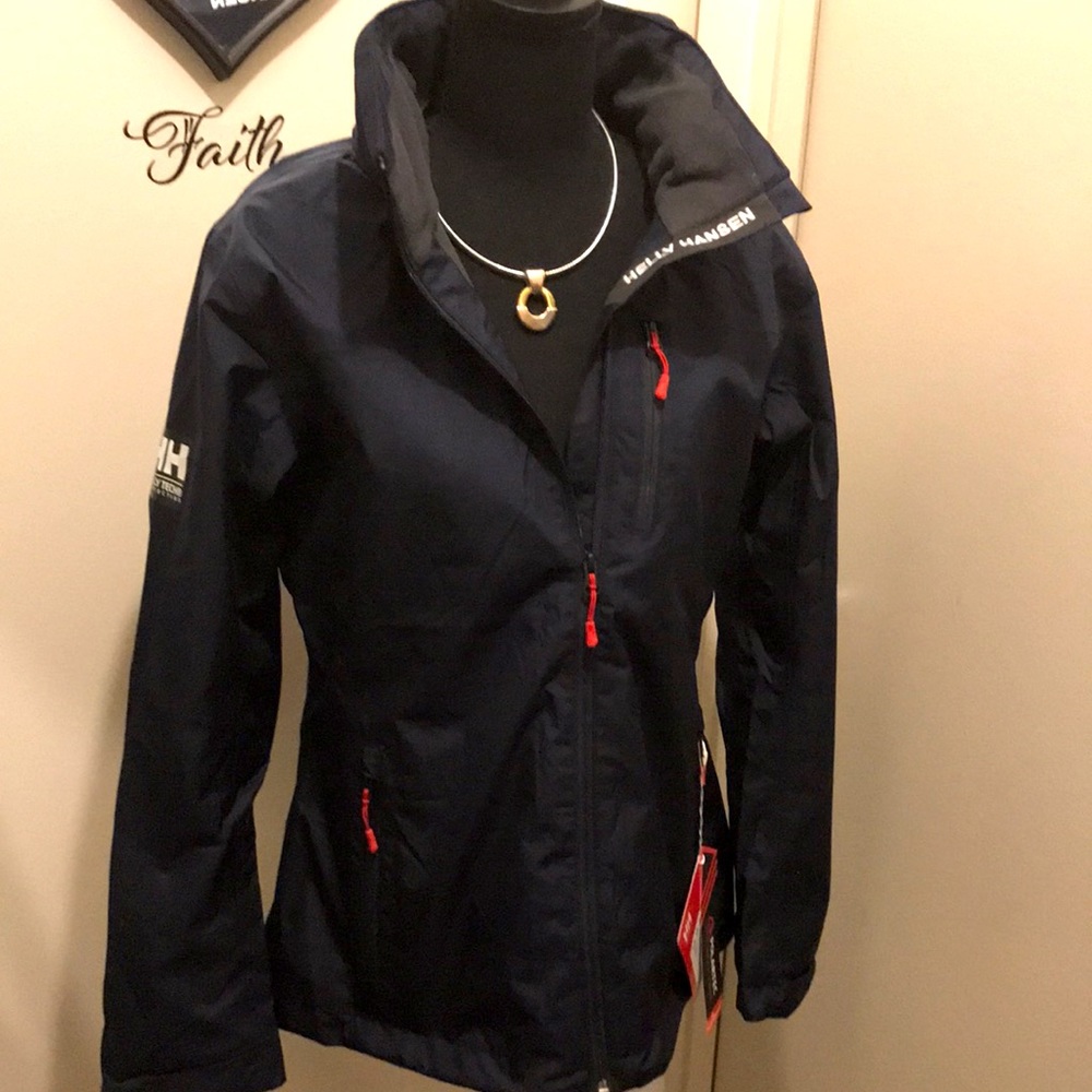Ladies Navy Helly Hansen Size Large Hooded Crew MidLayer Jacket.
